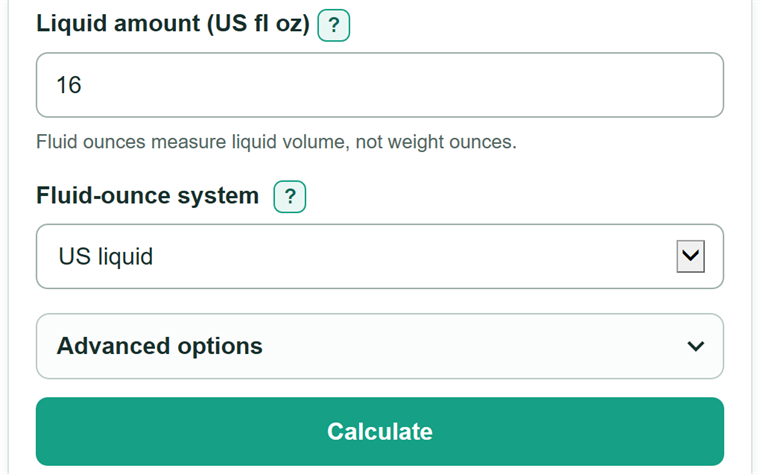 Example inputs for Fluid Ounces to Pints Converter
