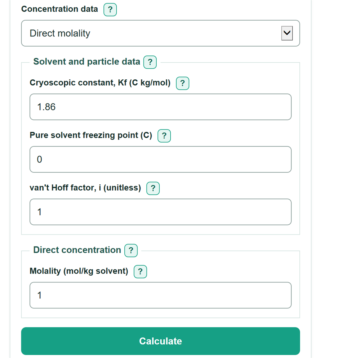 Example inputs for Freezing Point Depression Calculator