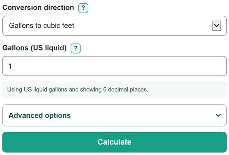 Example inputs for Gallons to Cubic Feet Converter