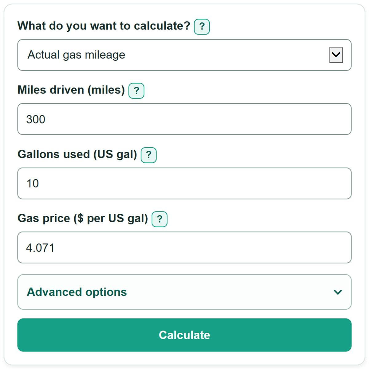 Example inputs for Gas Mileage Calculator