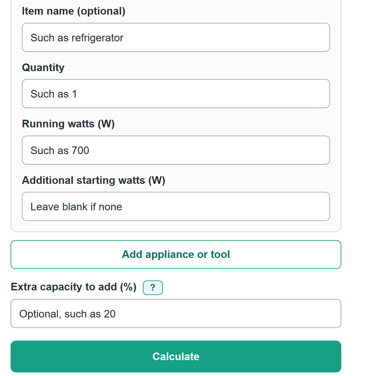 Example inputs for Generator Sizing Calculator