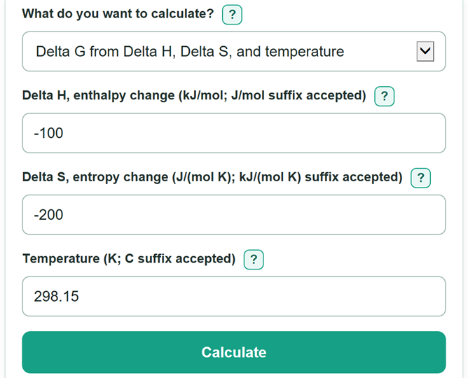 Example inputs for Gibbs Free Energy Calculator