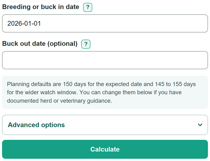 Example inputs for Goat Gestation Calculator