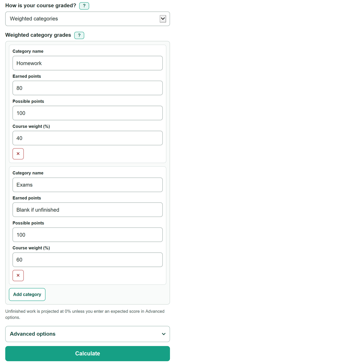 Example inputs for Grade Calculator