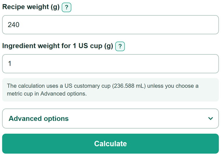 Example inputs for Grams to Cups Converter