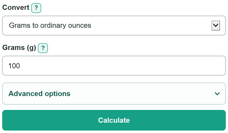 Example inputs for Grams To Ounces Calculator