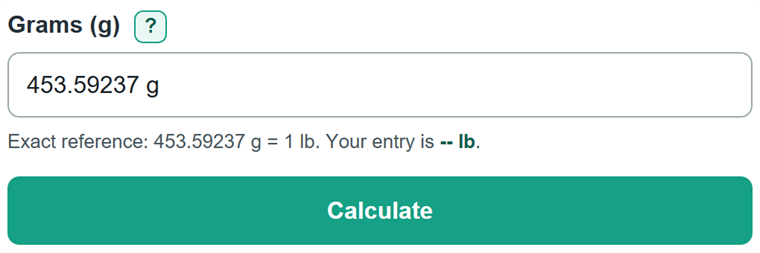 Example inputs for Grams to Pounds Converter