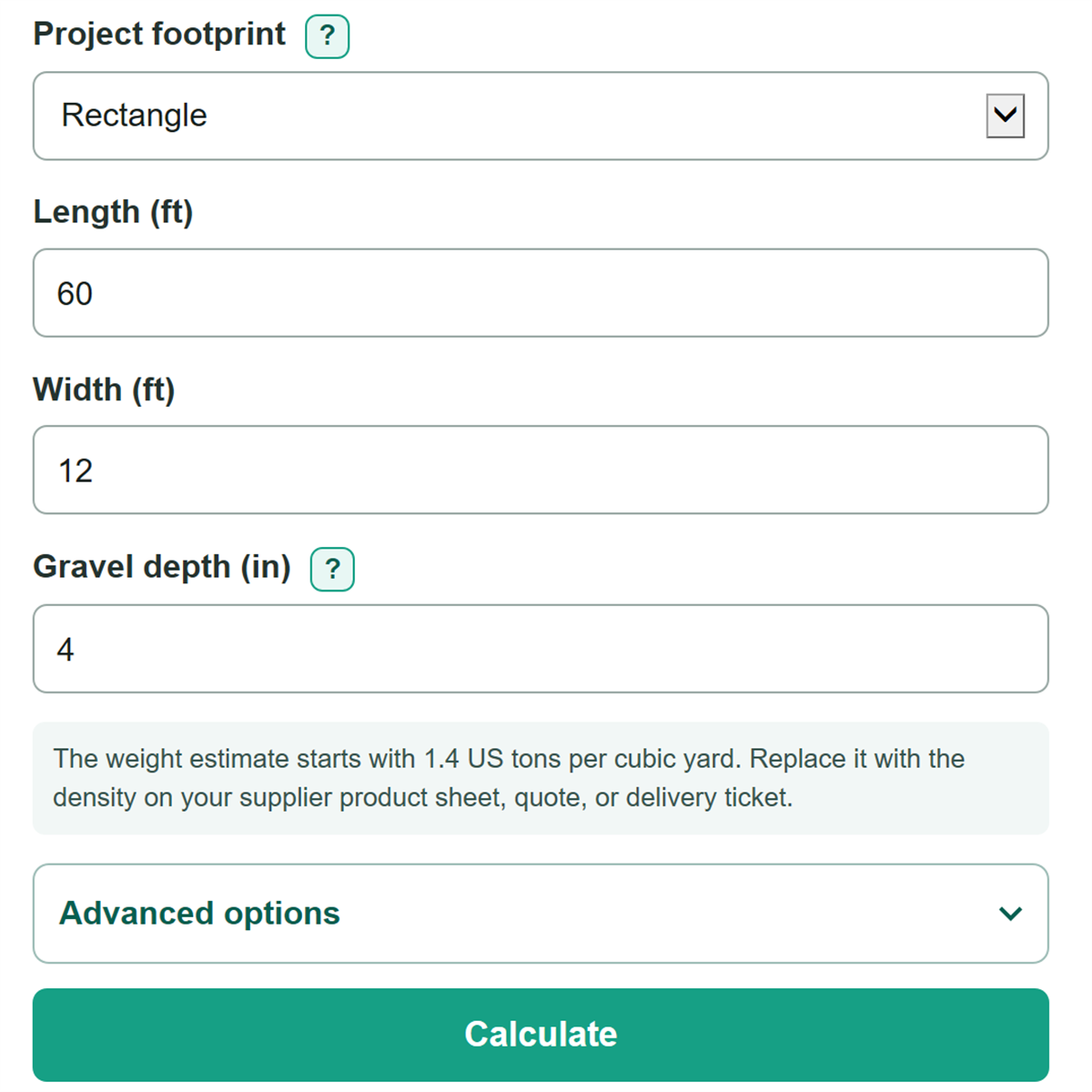Example inputs for Gravel Calculator