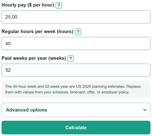 Example inputs for Hourly to Annual Calculator
