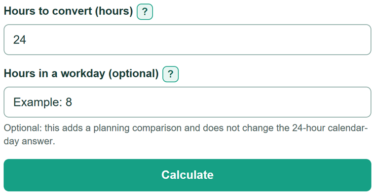 Example inputs for Hours to Days Converter