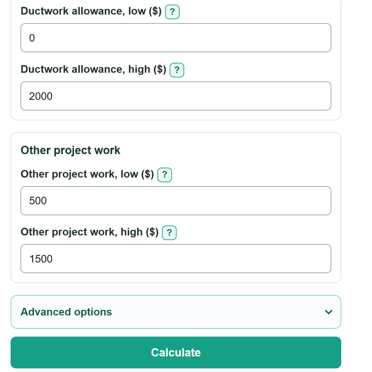 Example inputs for HVAC Replacement Cost Calculator