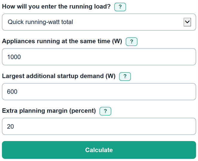 Example inputs for Inverter Size Calculator