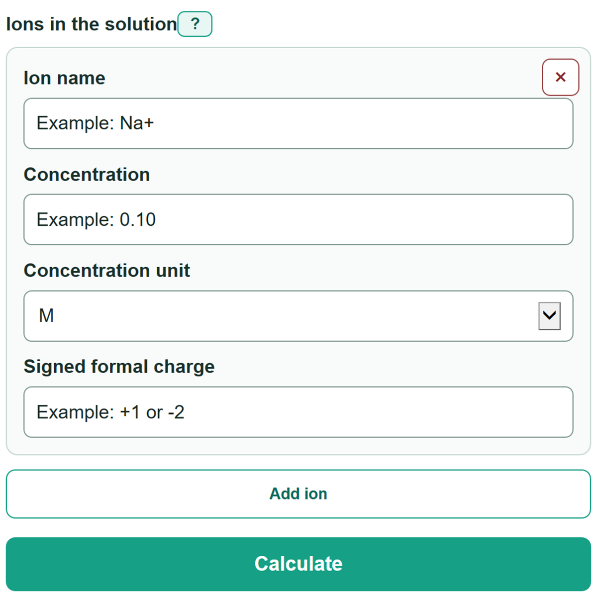 Example inputs for Ionic Strength Calculator