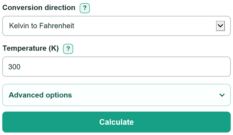 Example inputs for Kelvin to Fahrenheit Converter