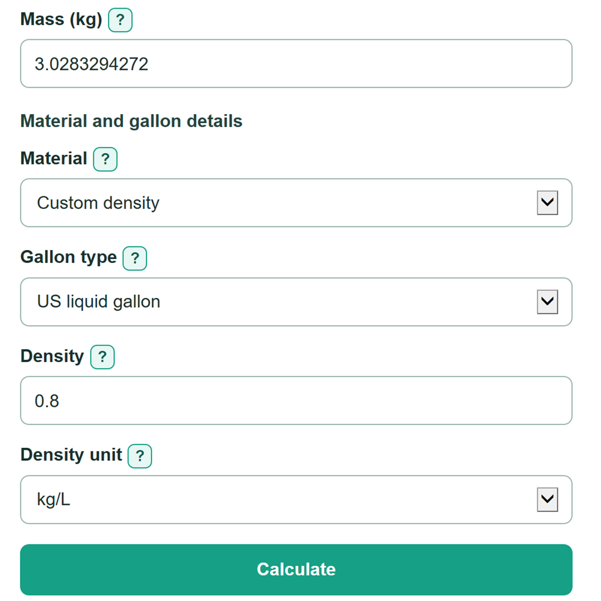 Example inputs for kg to Gallons Converter