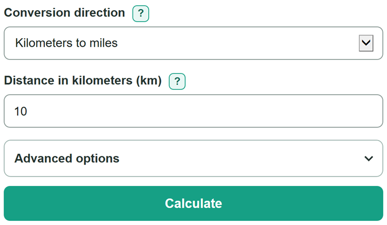 Example inputs for Km to Miles Converter