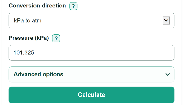 Example inputs for kPa to Atmospheres Converter