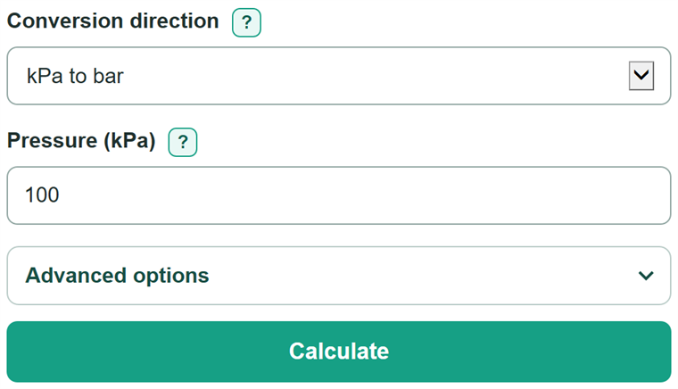 Example inputs for kPa to Bar Converter