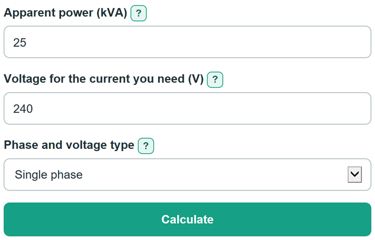 Example inputs for kVA to Amps Calculator