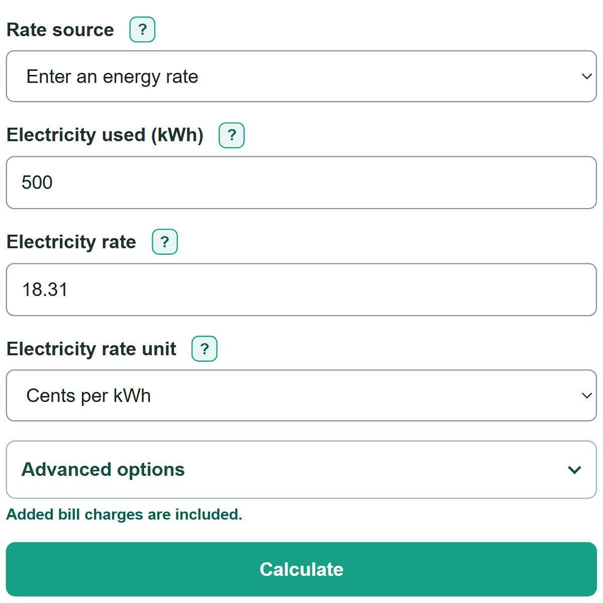Example inputs for kWh Cost Calculator