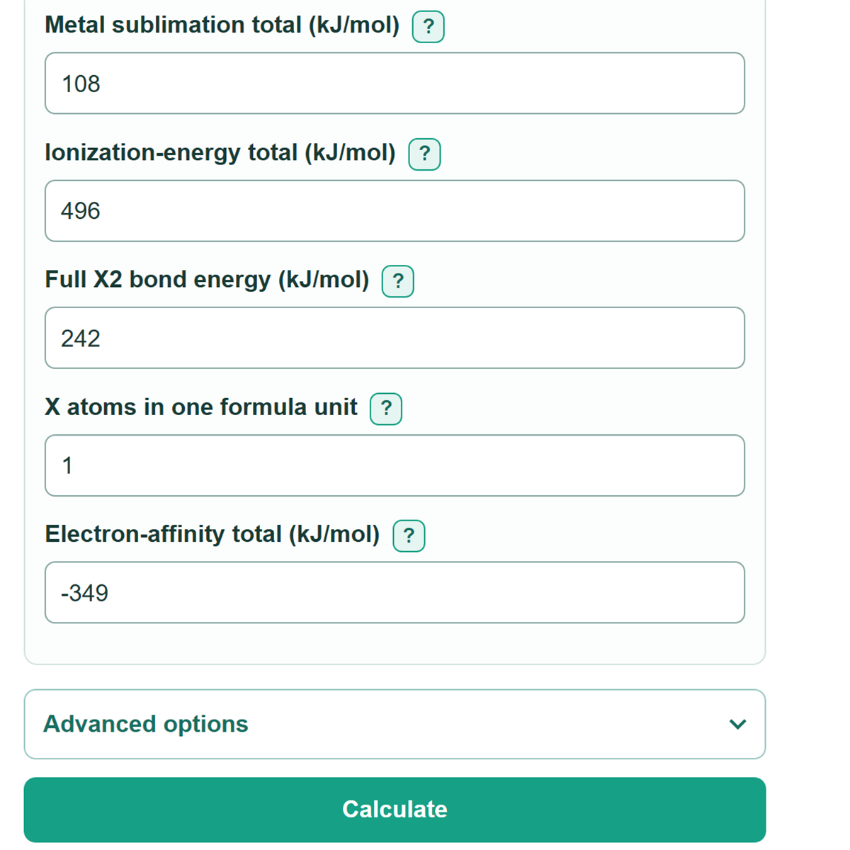 Example inputs for Lattice Energy Calculator