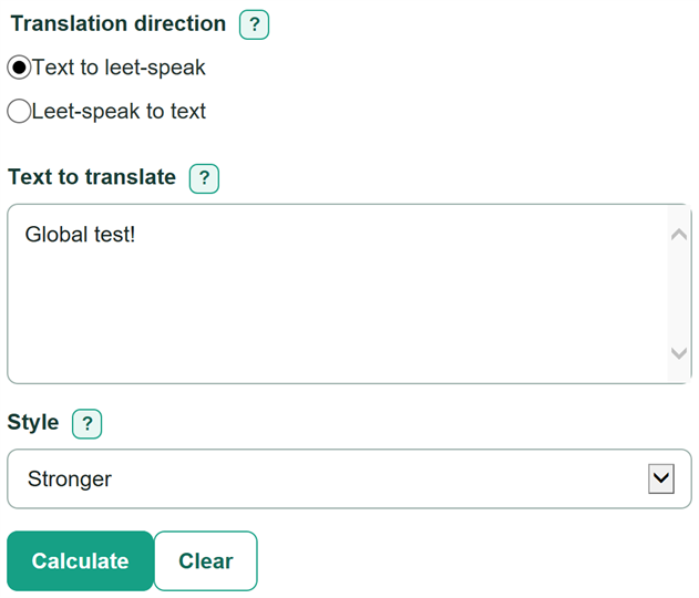 Example inputs for Leet-speak Translator Calculator