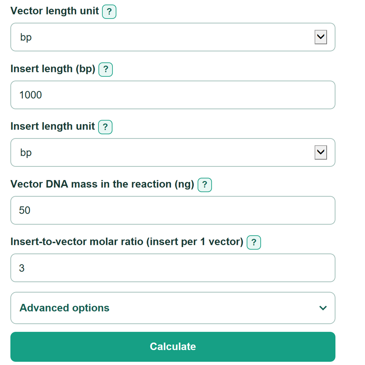 Example inputs for Ligation Calculator