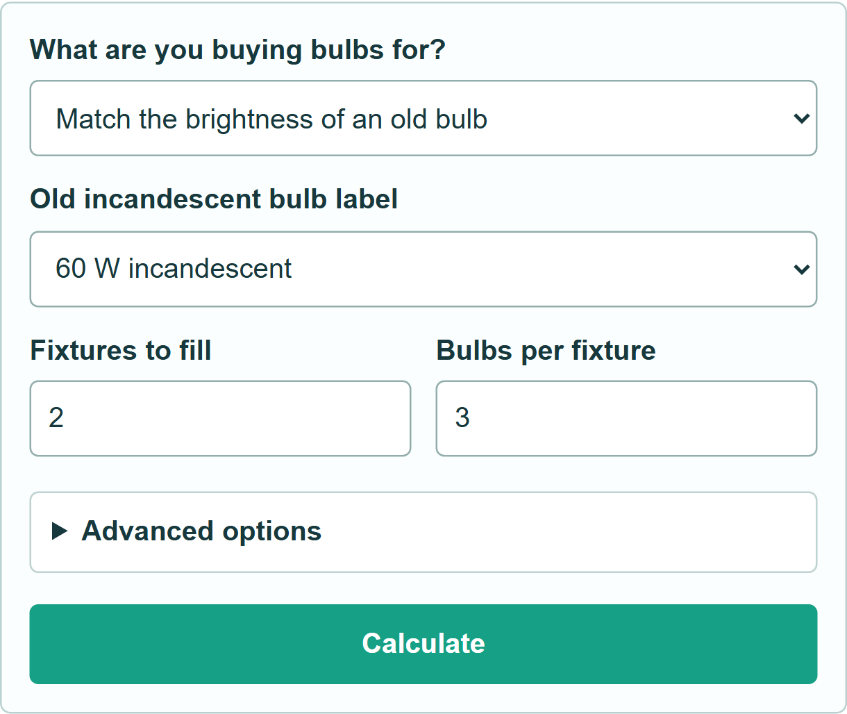 Example inputs and Calculate button for Light Bulb Buying Calculator