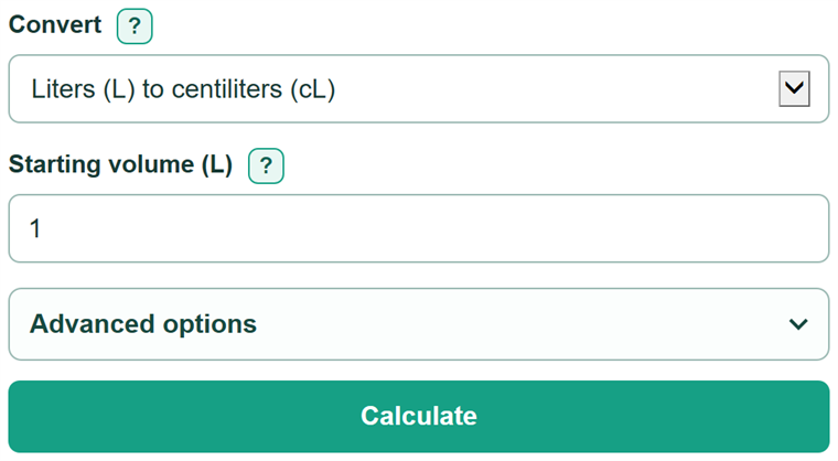 Example inputs for Liters to Centiliters Calculator