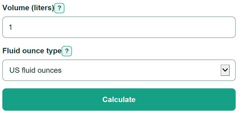 Example inputs for Liters to Fluid Ounces Converter