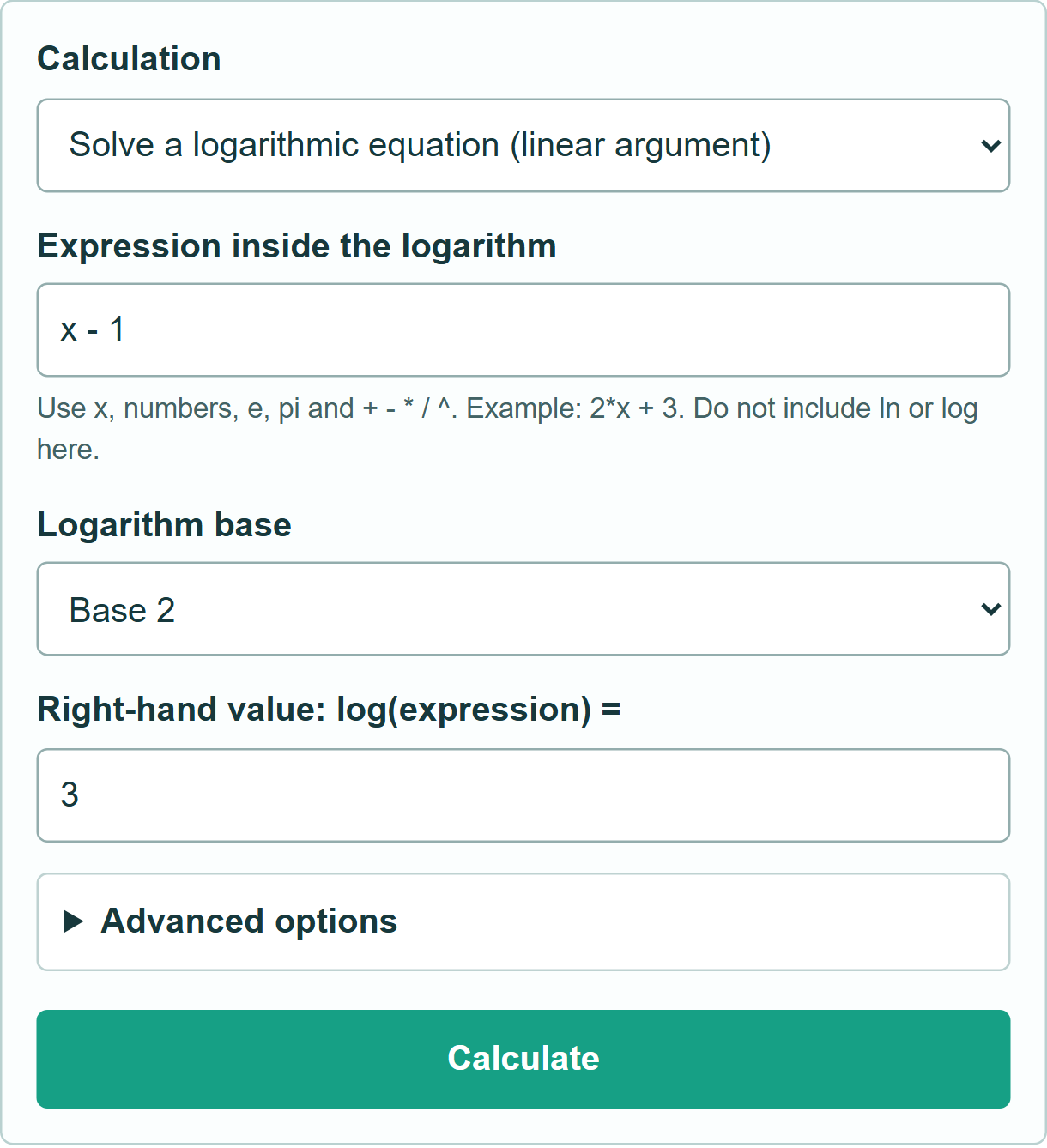 Example inputs and Calculate button for Logarithmic Expression and Equation Calculator