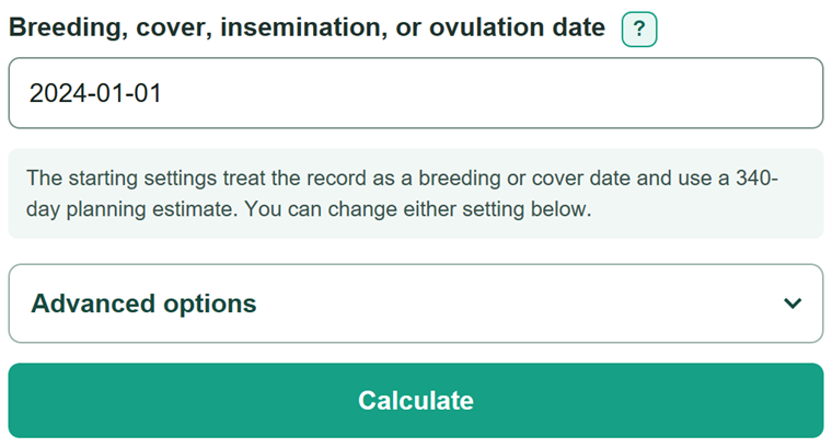 Example inputs for Mare Gestation Calculator