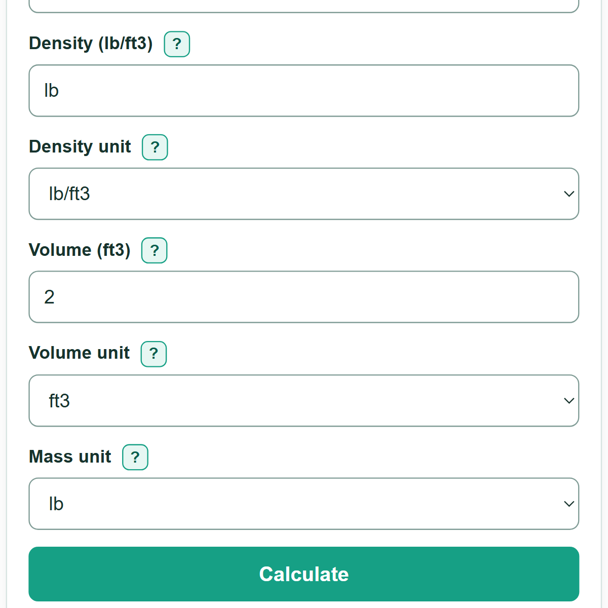 Example inputs for Mass Calculator