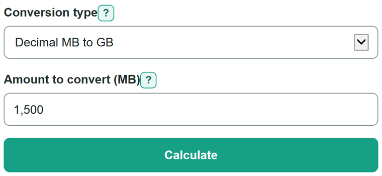 Example inputs for MB to GB Converter