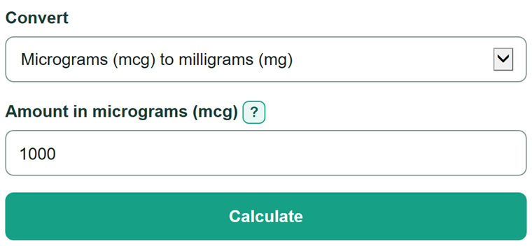 Example inputs for mcg to mg Converter