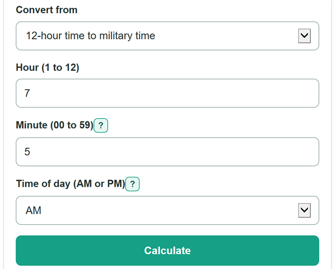 Example inputs for Military Time Converter