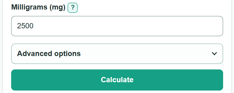 Example inputs for Milligrams to Grams Converter