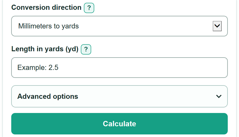 Example inputs for Millimeters to Yards Converter