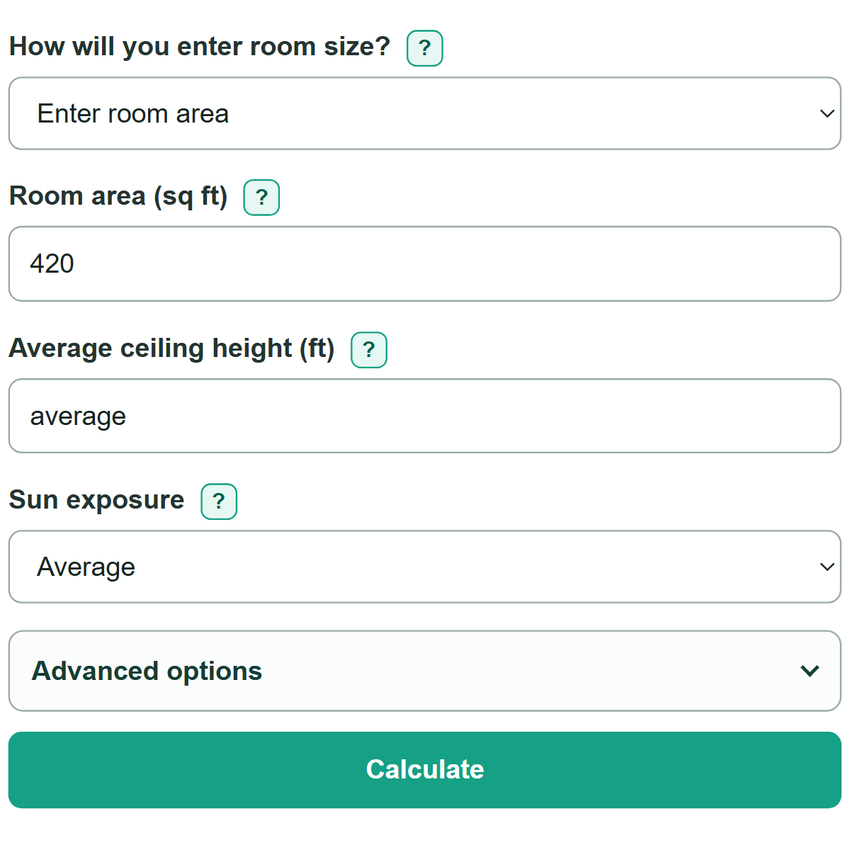 Example inputs for Mini Split Size Calculator