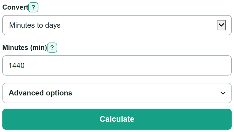 Example inputs for Minutes to Days Converter
