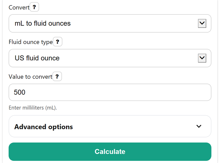 Example inputs for mL to Fluid Ounces Converter