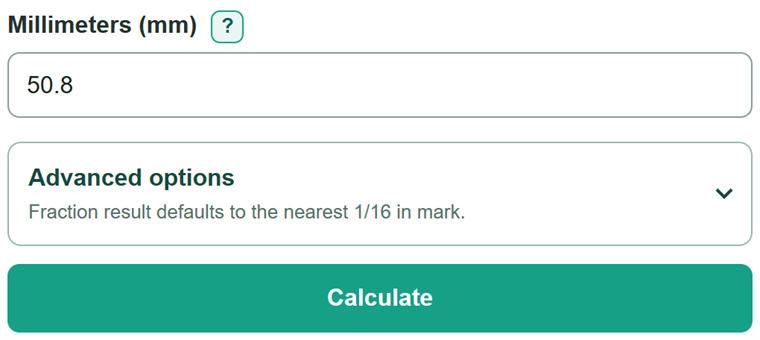 Example inputs for mm to Inches Converter