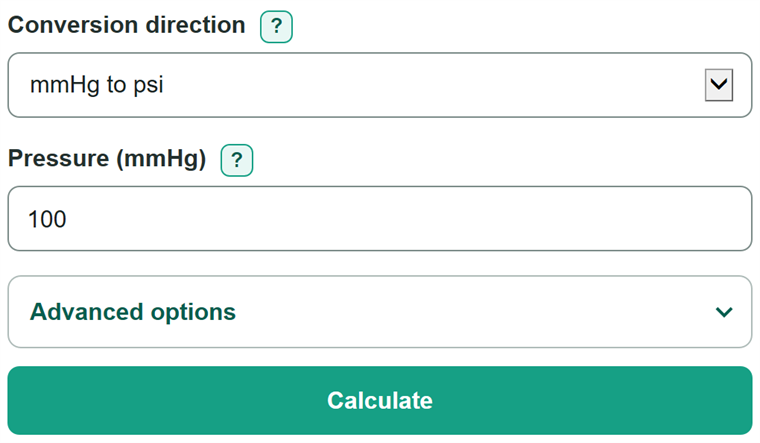 Example inputs for mmHg to PSI Converter