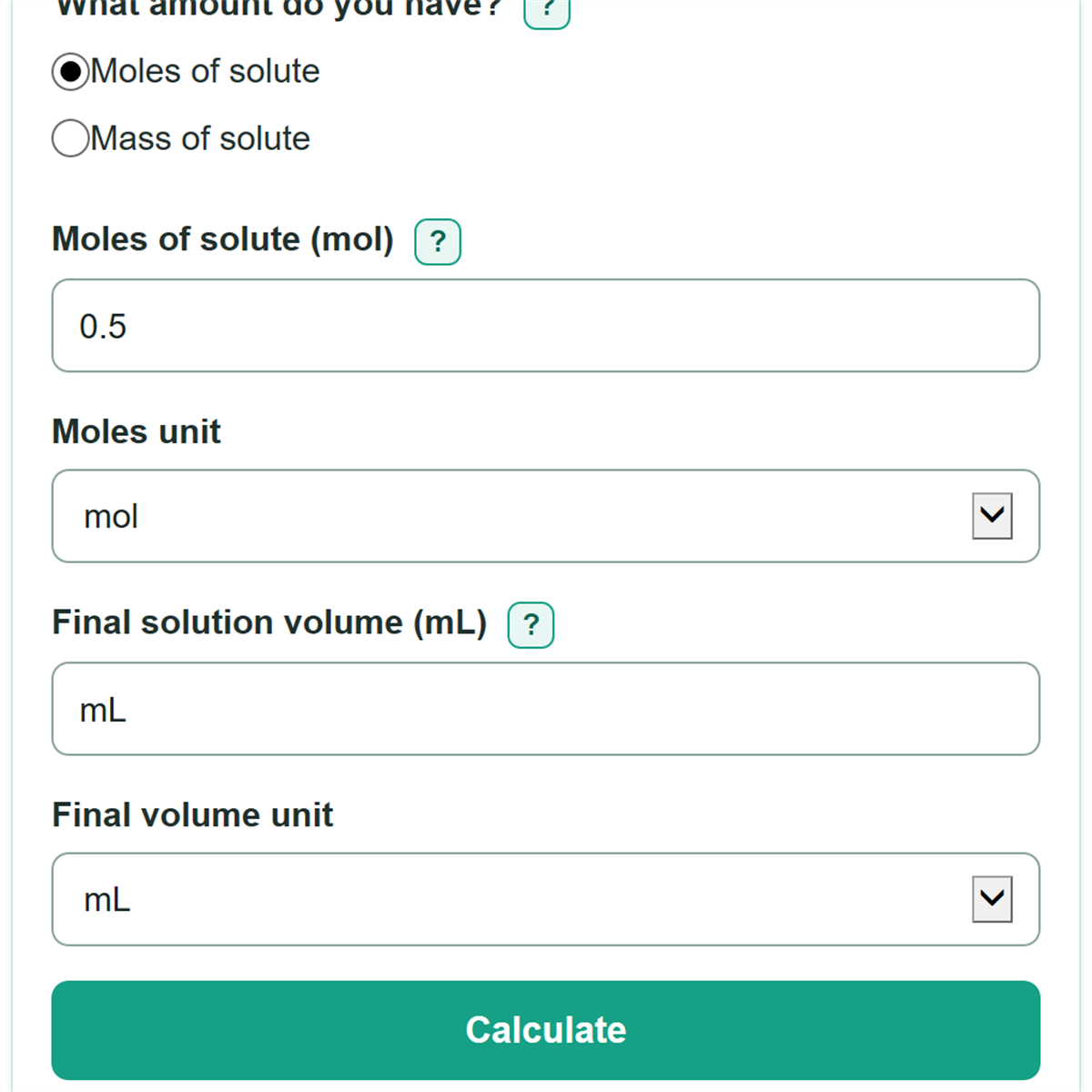 Example inputs for Molarity Calculator