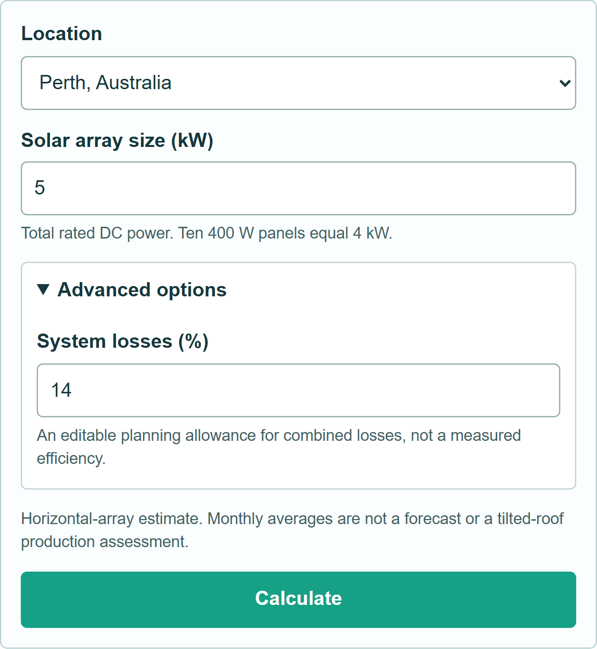Example inputs and Calculate button for Monthly Solar Energy Calculator by Location