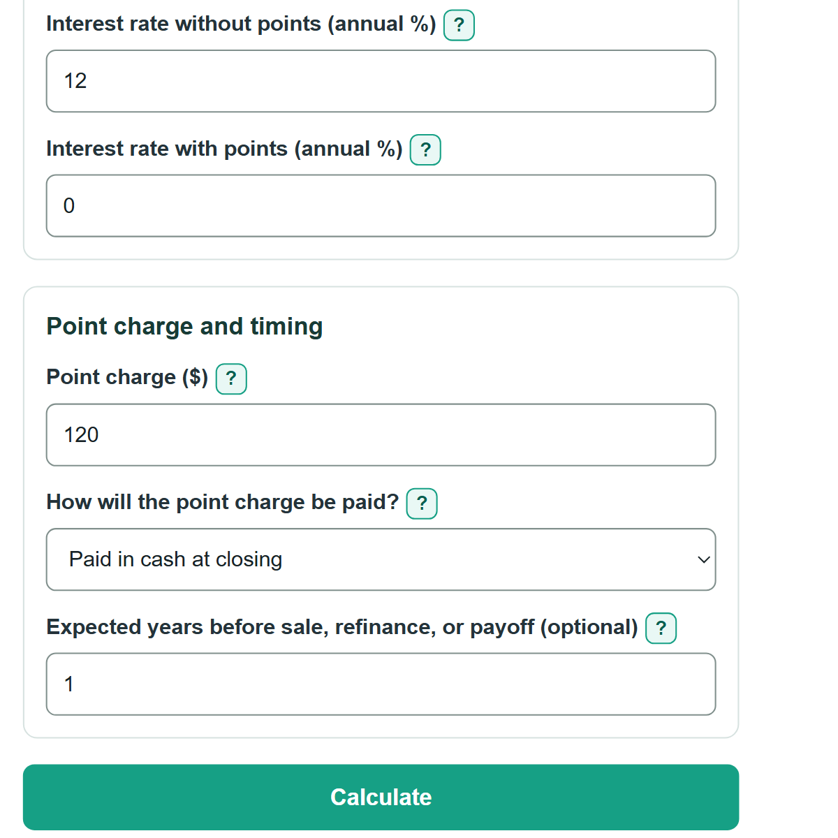 Example inputs for Mortgage Points Calculator
