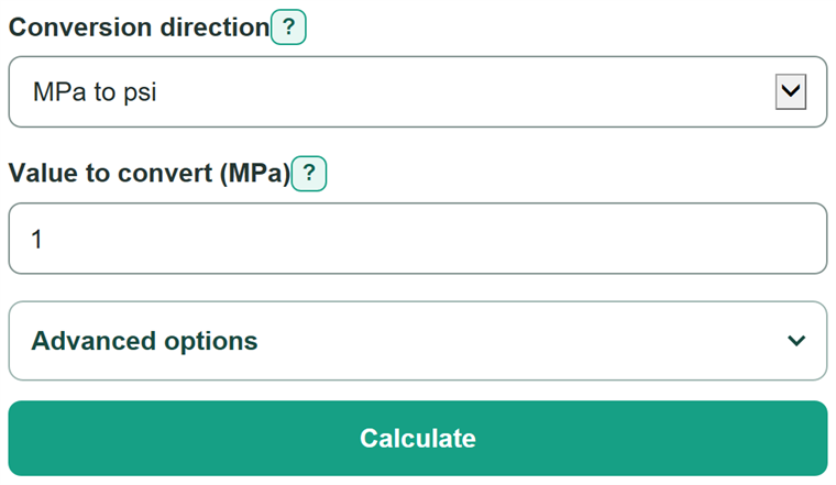 Example inputs for MPa to PSI Converter
