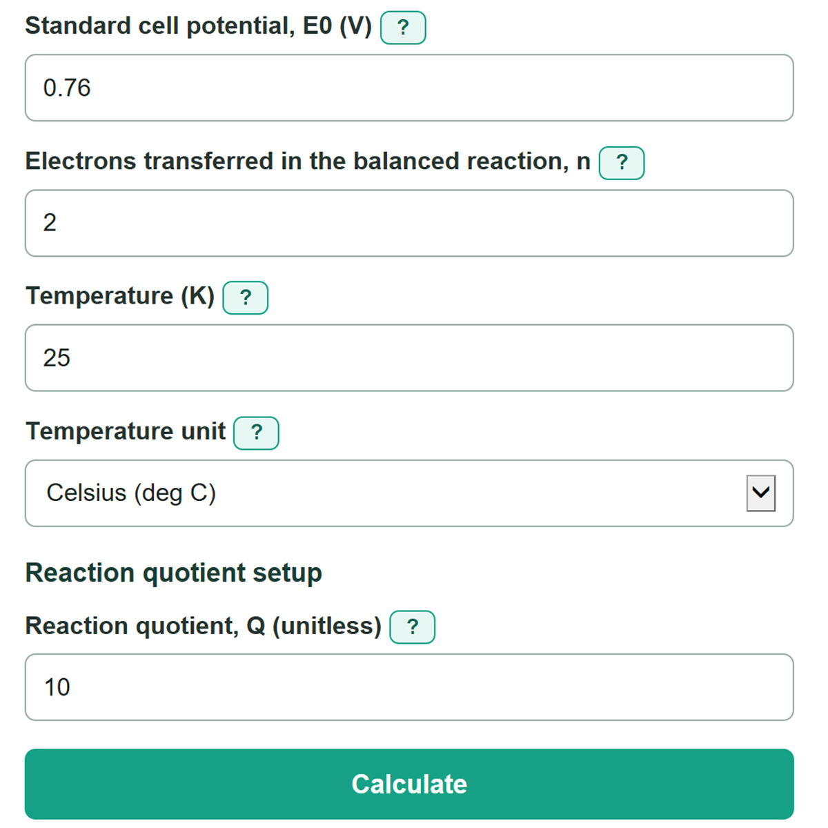 Example inputs for Nernst Equation Calculator
