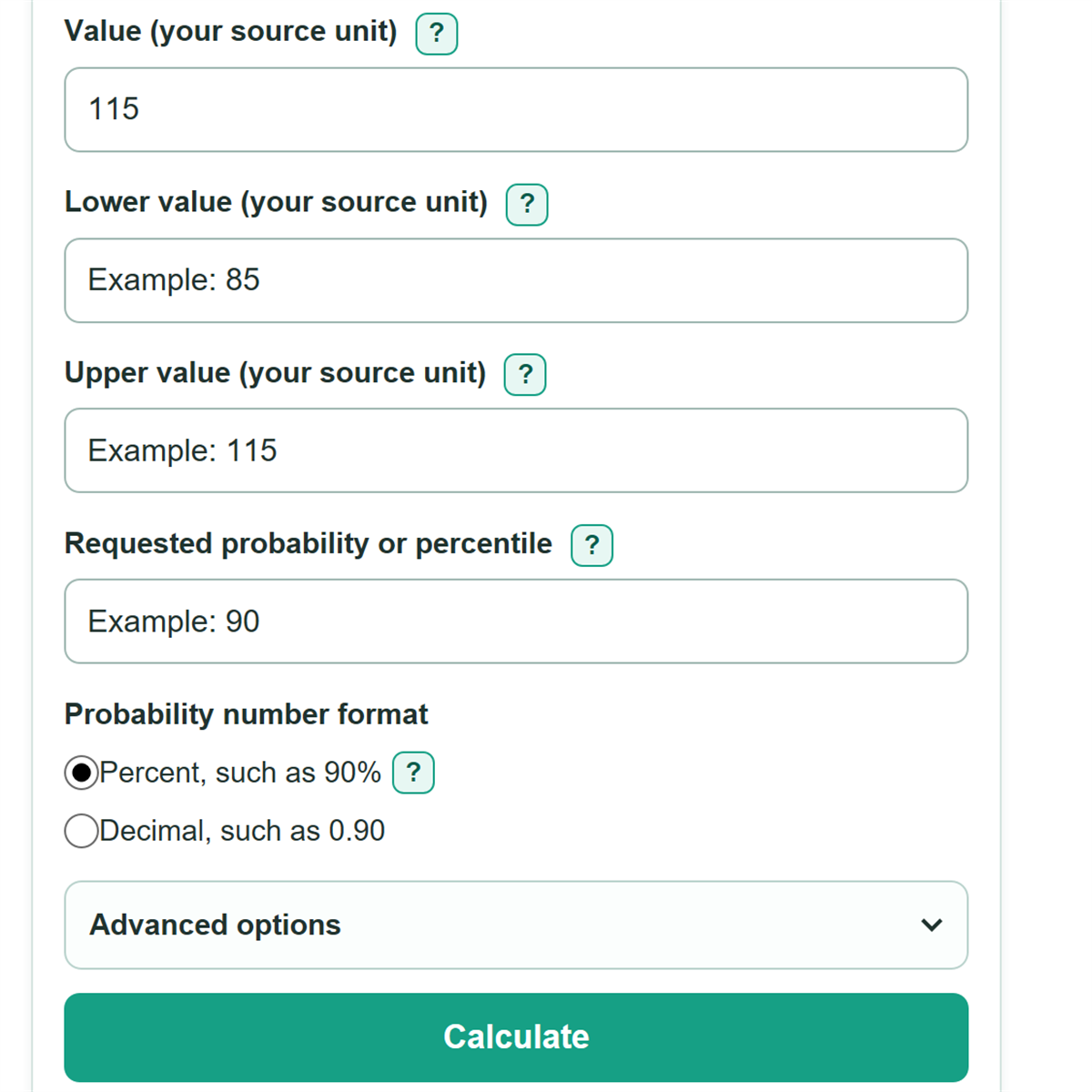 Example inputs for Normal Distribution Calculator