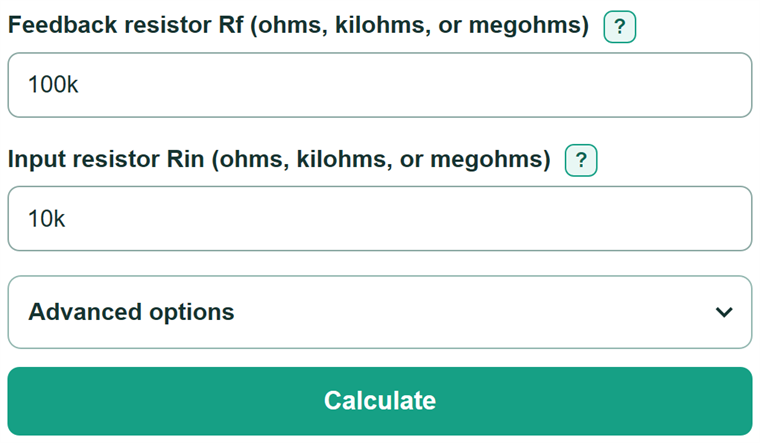 Example inputs for Op Amp Gain Calculator